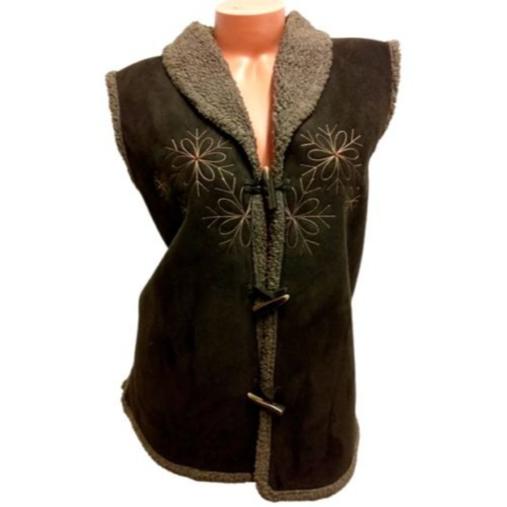 Loffee Apple Brown Sherpa Floral Plus Suede Women Vest